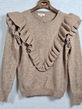 Entro Light Brown Ruffle Trim Knit Pullover Sweater Size Medium